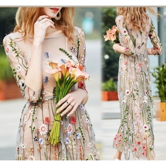 Misslook Mesh Sheer Floral Embroidered Dress Boho Cottagecore Midi 3/4 Sleeve 12 - Picture 6 of 16